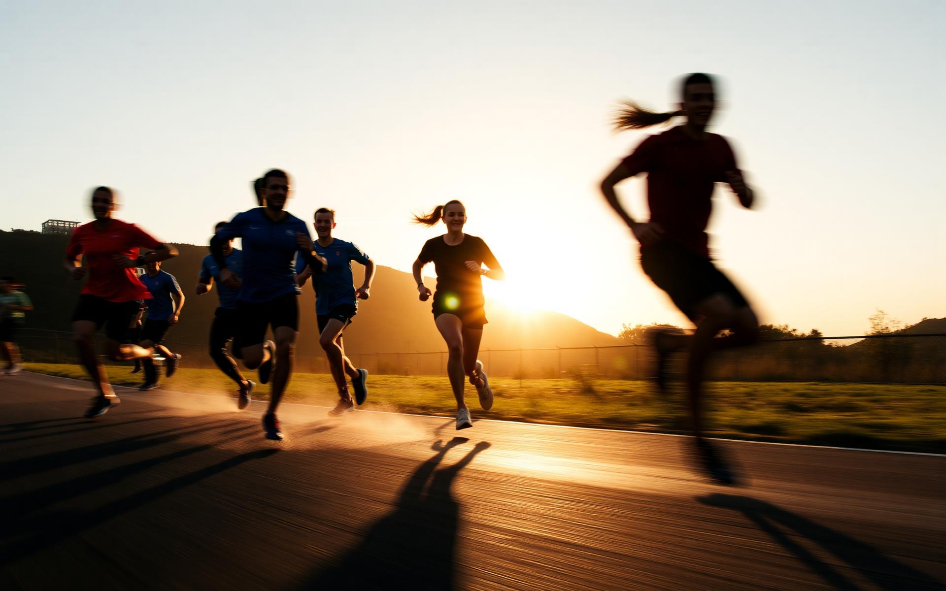 Corredores ao pôr do sol em treino coletivo